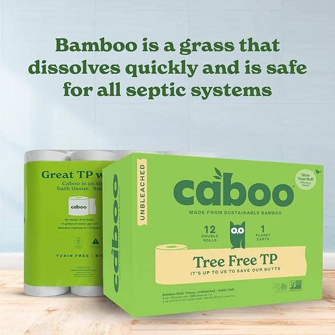 Caboo Tree Free Unbleached Toilet Paper | Plastic Free Packaging, Septic Safe, Eco Friendly, Chemical Free, Non Toxic | 2 Ply Toilet Tissue, Pack of 12 Double Rolls, 300 Sheets Per Roll - ModernBath