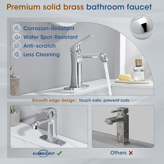 Polished Chrome Bathroom Faucet, Brass Single Hole Bathroom Faucets for 1 or 3 Holes, Vanity Faucet with Supply Lines and Deck Plate, Pop Up Drain - ModernBath
