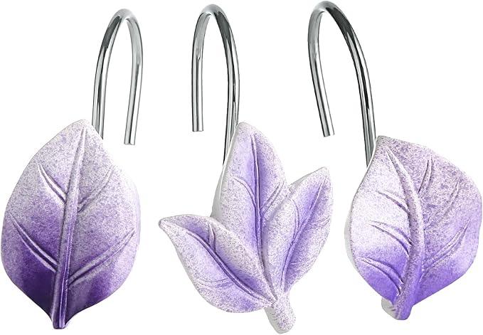 Gibelle 12PCS Leaves Shower Curtain Hooks, Purple Plant Leaf Decorative Shower Curtain Hooks Metal Rustproof Cute Eucalyptus Shower Curtain Rings Bathroom Decoration Accessories - ModernBath
