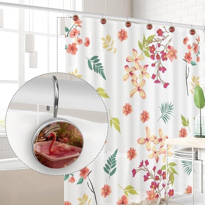 Pink Bathing Flamingo Shower Curtain Hooks, 12Pcs Decorative Rust Resistant Shower Rings for Shower Curtain Rods, Stainless Steel Round Curtain Hooks for Bathroom, Bedroom - ModernBath