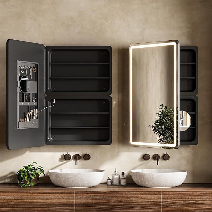 24x36 Inch LED Lighted Medicine Cabinet with Mirror for Bathroom, Wall Mounted or Recessed Mirror Cabinet with 3X Magnifying Mirror, Adjustable Storage Shelves, Modern Design - ModernBath