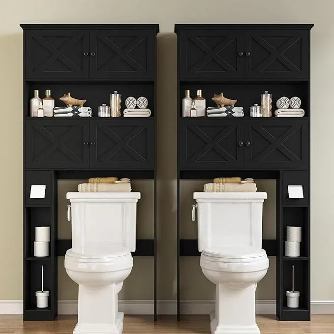 Over The Toilet Storage Cabinet, Farmhouse Storage Cabinet Over Toilet with 4 Barn Doors & Toilet Paper Holder Stand, Black Toilet Shelf Home Space Saver for Restroom, Bathroom, Laundry - ModernBath