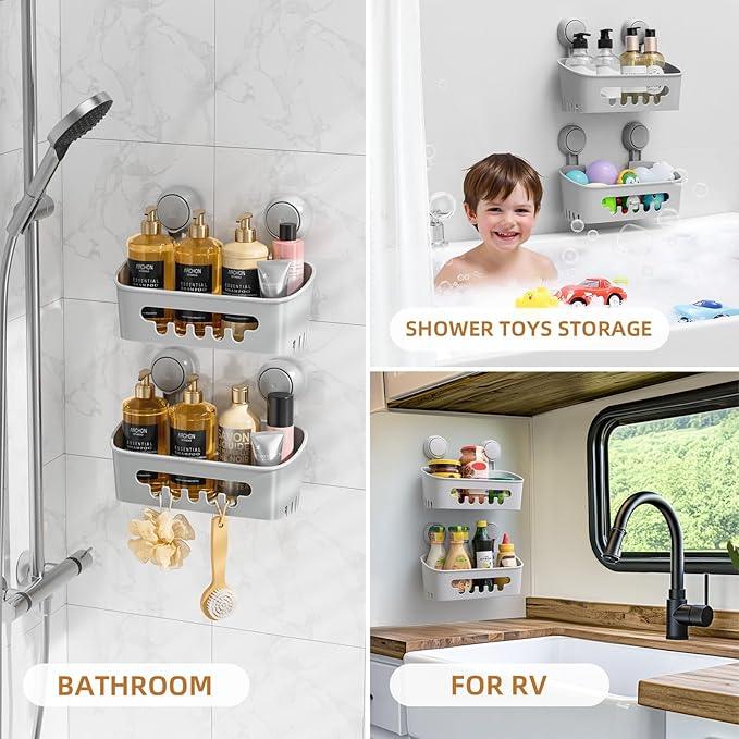 LEVERLOC Shower Caddy Suction Cup 2 Pack, Shower Organizer Removable Bathroom Shelf, Storage Suction Powerful Max Hold 22lbs Bathroom Caddy Waterproof Holder, Gray - ModernBath