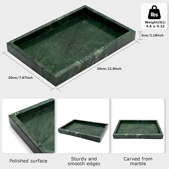 MULWR Green Marble Tray,Pure Natural Vanity Tray,Marble Trays for Kitchen Counter Non-Ceramic/Non-Resin,Stone Tray 12 x 8 inch - ModernBath