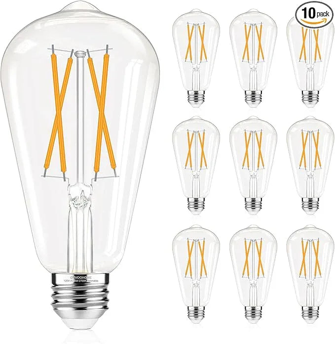 Dimmable LED Edison Bulbs, 2700K Warm White, 6W Equivalent to 60 watt E26 LED Bulb, ST58 Vintage Light Bulbs, 600LM, 90+ CRI, E26 Base, Clear Glass, 10 Pack - ModernBath