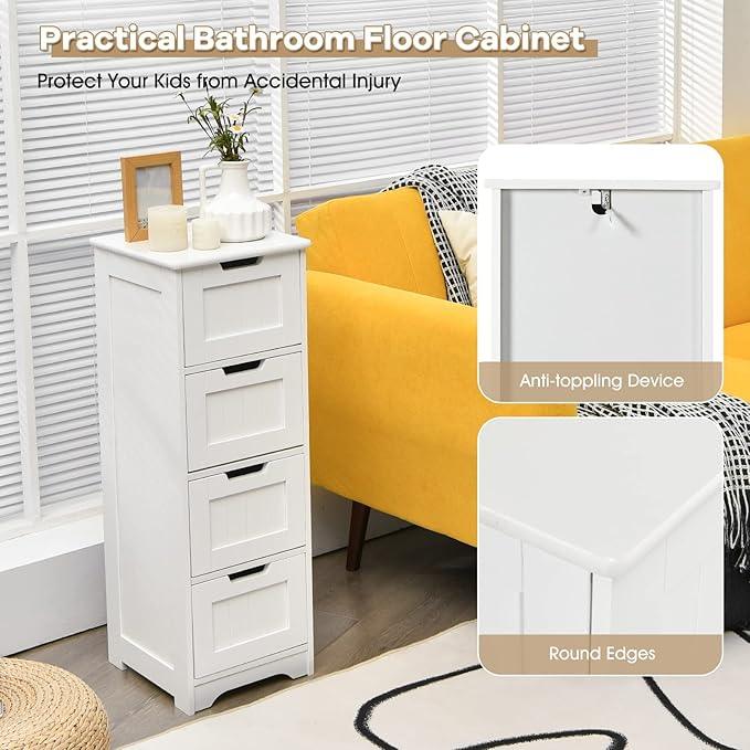 Tangkula Bathroom Floor Cabinet with 4 Drawers, 12 x 12 x 32 Inch, Freestanding Storage for Bath Living Room, Wooden Bathroom Cabinet for Home Office (White) - ModernBath