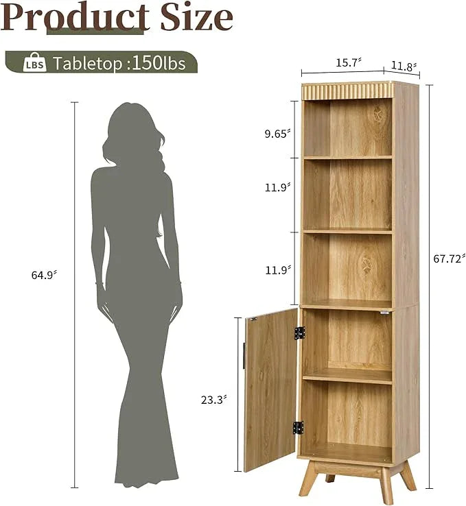 68" Tall Bathroom Storage Cabinet,Narrow Fluted Tower Cabinet with Door and Shelves,Slim Space Saving Storage Unit for Bathroom Kitchen Living Room (Natural, 11.8" D x 15.75" W x 68" H) - ModernBath