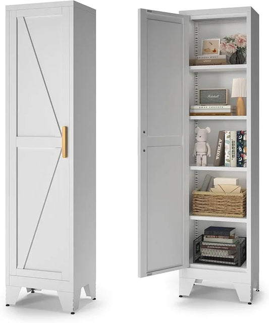 COFaR Tall Bathroom Storage Cabinet, Metal Farmhouse Narrow Slim Cabinet with Adjustable Shelves Barn Door for Bathrooms, Kitchens, Entrances Living Room (White) - ModernBath