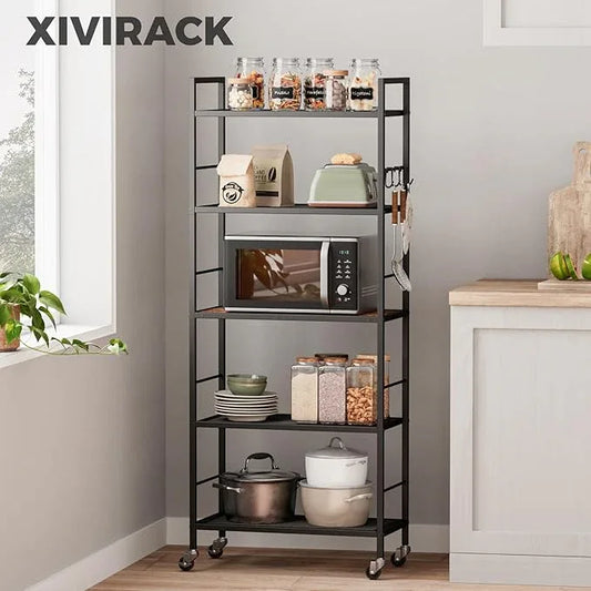 5-Tier Metal Storage Rack with Industrial Wheels,Mesh Shelving Unit with Wooden Table top,Adjustable Shelf,23.6-Inch Width,for Kitchen, Laundry,Pantry,Plant,Black - ModernBath