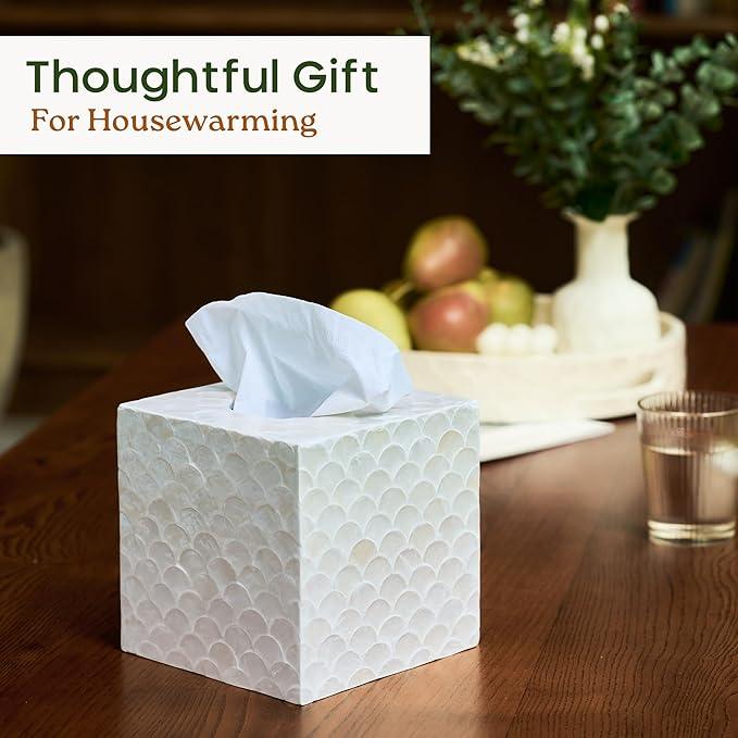 CHI AN HOME 5.8” Capiz Tissue Box Cover, Square Decorative Tissue Holder with Bottom Slider, Handmade Bathroom Accessories, Elegant White Cube for Vanity, Bedroom, Office & Coastal Décor (Natural) - ModernBath