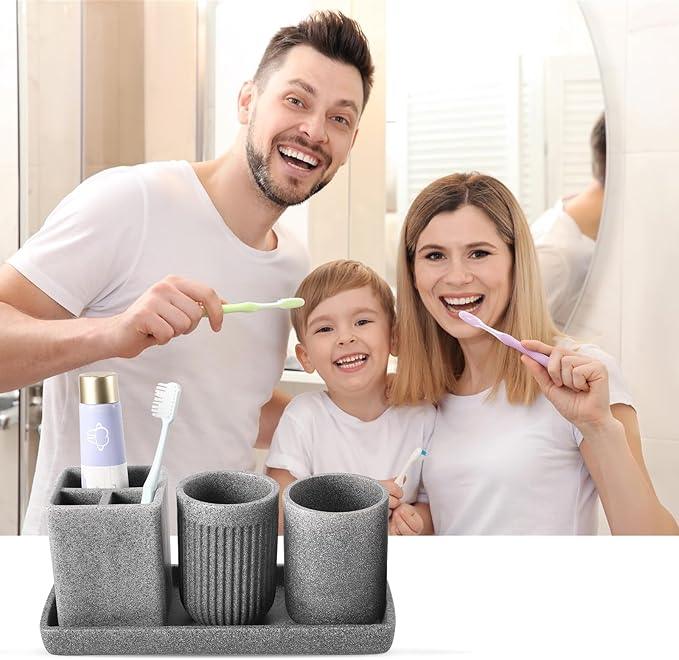 Resin Matte Gray Bathroom Toothbrush Cups Set with Holder and Tray, 4 Pcs Bathroom Accessories Set Counter Organizer for Sink Home Decor - ModernBath