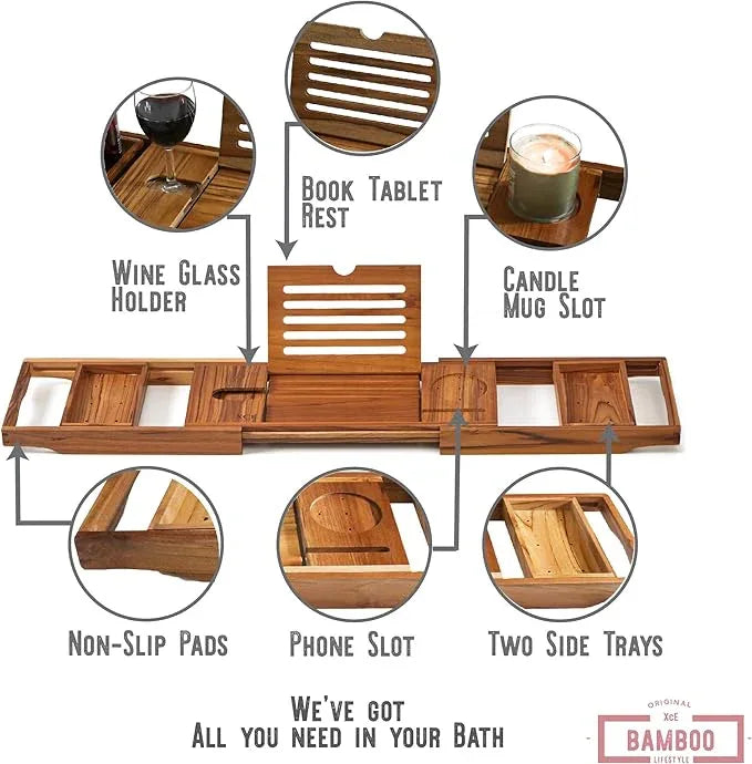 XcE Teak Bathtub Caddy Tray - Expandable to 41 Inches with Book Stand, Soap Holder & Anti-Slip Pads for Luxury Bath Spa, Teak - ModernBath