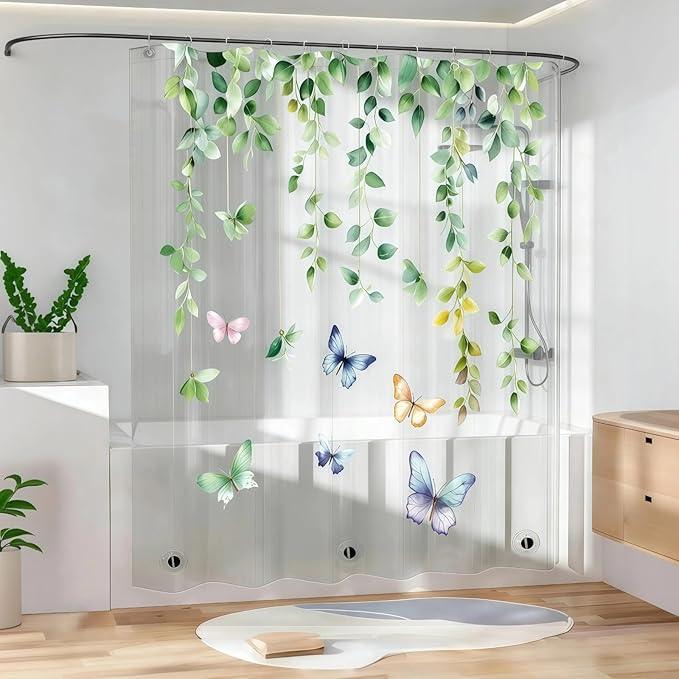 CAPQL Clear Eucalyptus Leaves Butterfly Shower Curtain Liner, Plastic Transparent Green Plant Shower Curtains for Bathroom, 72x72 Weighted Magnetic Shower Curtain Set with 12 Hooks - ModernBath