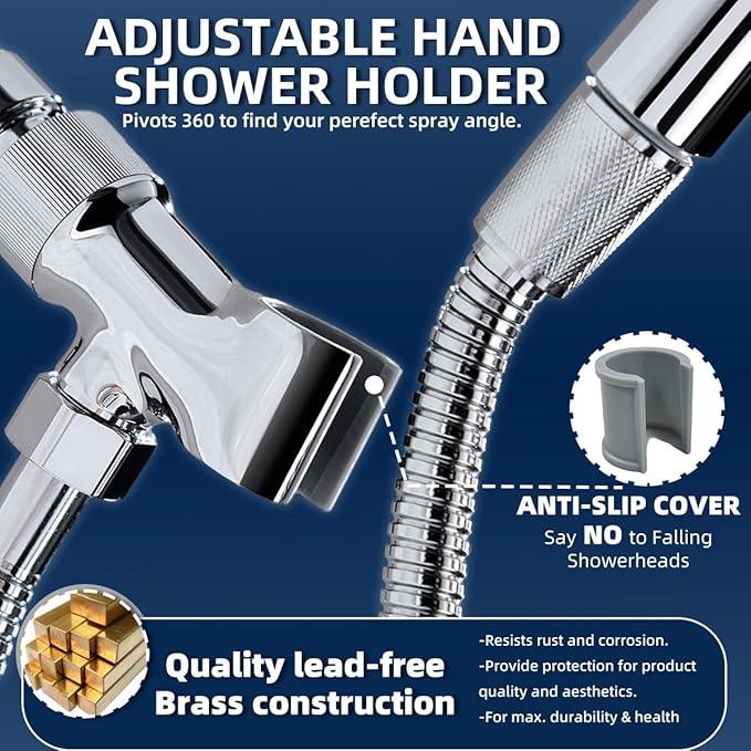 Shower Head Holder All Metal Adjustable Handheld Shower Arm Mount, 1/2" Shower Hose Holder Fits Most Hand Showerheads, Brass Hand Held Shower Head Holder, Easy to Install(Chrome) - ModernBath
