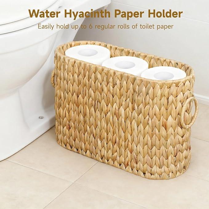 Toilet Paper Storage, Woven Roll Toilet Paper Basket with Dual Handles, Natural Water Hyacinth Basket Holder, Bathroom Accessories Organizer, Brown, 16.1 x 5.5 x 10.6 in - ModernBath
