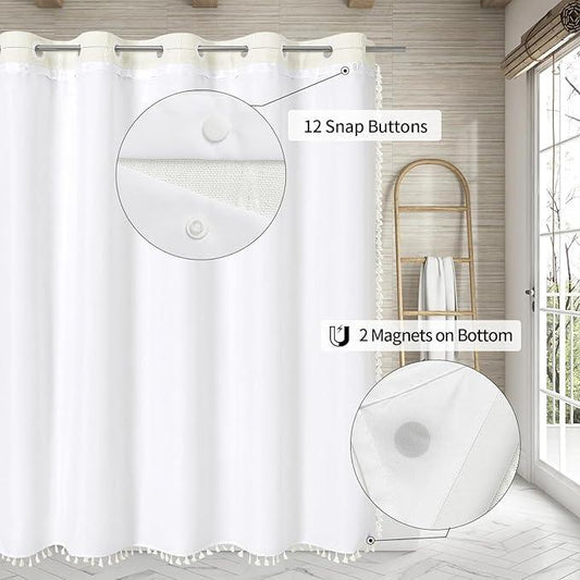 MitoVilla No Hooks Required Boho Farmhouse Shower Curtain with Snap-in Liner, Cotton Linen Fabric Shower Curtains with Tassels for Rustic Neutral Bathroom Decor, Ivory, 72 x 74 - ModernBath