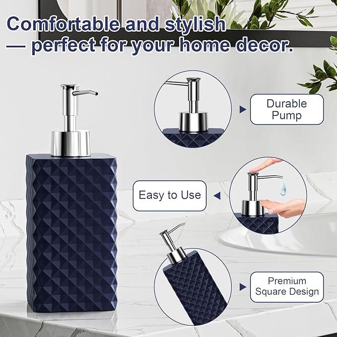 Bathroom Accessories Set Resin 6PCS, Square Toothbrush Holders Set Complete with Soap Dispenser, Vanity Tray, Tumbler, Cups and Cotton Swab Jars (Navy Diamond, Resin Bath 6 PCS) - ModernBath
