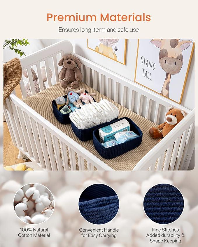 Small Woven Basket, 12 x 8 x 4.5 Inches, Storage Basket for Organizing, Cute Small Rope Shelf Closet Cube Storage Bins Baskets for Shelves, Dog Toy Gift Baskets Empty, 3 Packs, Navy Blue - ModernBath