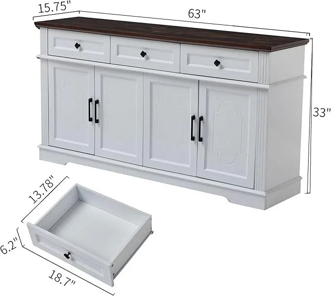 63" White Buffet Sideboard Cabinet with 4 Doors and 3 Drawers, Modern Farmhouse Kitchen Storage Cabinet, Coffee Bar Cabinet with Adjustable Shelves, Living Room Storage, Dining Room - ModernBath