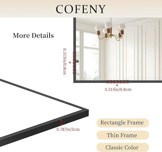 COFENY Black Bathroom Mirror for Wall, 60x36 Inch Rectangle Mirrors with Metal Frame, Large Modern Vanity Wall Mirror for Bathroom Living Room, Entryway Hangs Horizontal or Vertical - ModernBath