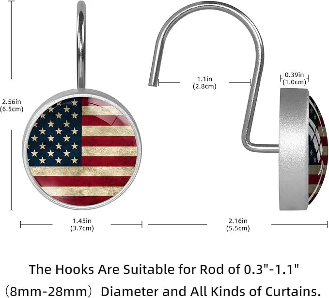 Rustic American Flag Shower Curtain Hooks Set of 12 Rustproof Metal Shower Hooks for Curtains Rods Shower Curtain Rings for Bathroom Living Room Bedroom Decor - ModernBath