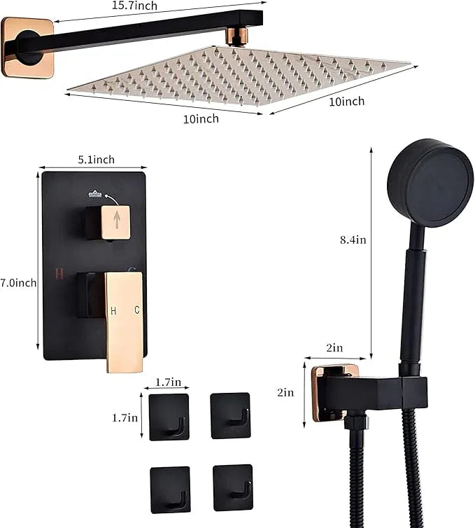RTTWYYUU Black Gold Rainfall Shower Head, Wall Mounted 10 Inch Shower Heads with Handheld Spray Combo, Luxury Bathroom Square Rain Shower System, Solid Brass Pressure Balancd Shower Faucet Valve - ModernBath