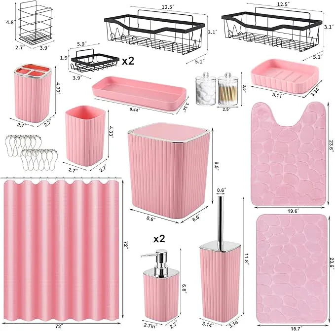 XLHOMO 30PC Bathroom Accessories Set - Gorgeous Pink Bathroom Set, Bathroom Accessory Set, Pink Shower Curtain Set with 5PC Shower Caddy - ModernBath