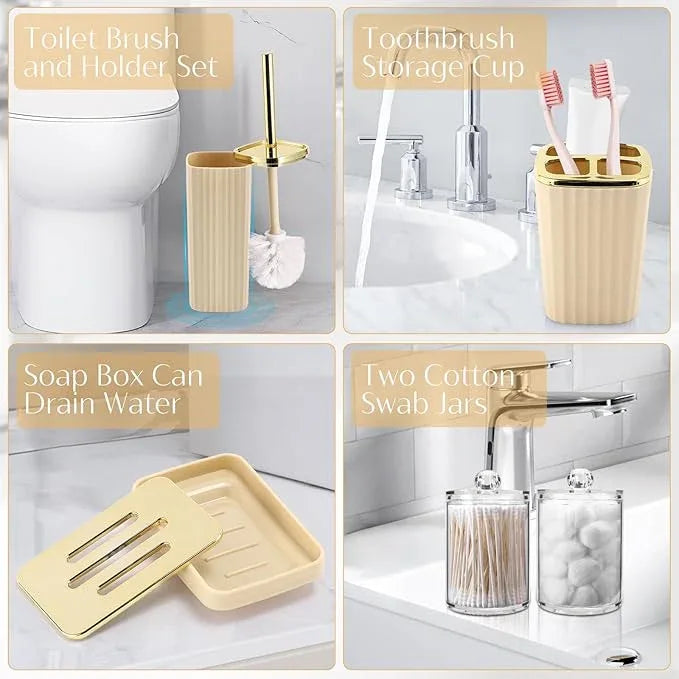 WSBArt 17PCS Bathroom Accessory Set Bathroom Set Beige Bathroom Accessories,Toilet Brush, Trash Can, Qtip Holder Dispenser& 3PCS Soap Dispenser - ModernBath