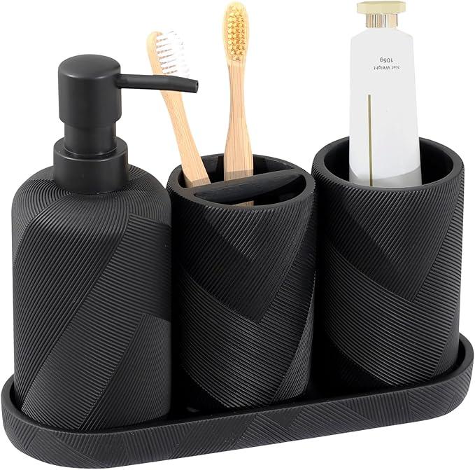 Bathroom Accessories Set, Bathroom Organizer Countertop, Soap Dispenser and Toothbrush Holder, Mouthwash Cup, Tray Set, Vanity Tray for Bathroom, 4 Pieces Modern Decor (Matte Black) - ModernBath