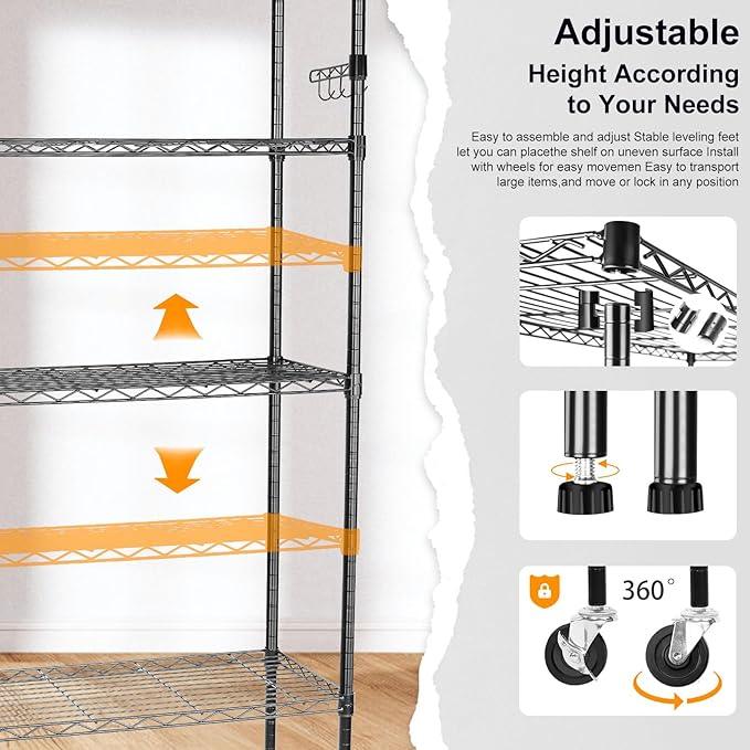 YNN Storage Shelves,2100Lbs 6 Tier Heavy Duty Metal Rolling Shelving Unit with Wheels & 8 Hooks, Adjustable Garage Wire Rack for Kitchen, Bathroom,Industrial,Pantry(36" W x 14" D x 72" H,Black) - ModernBath