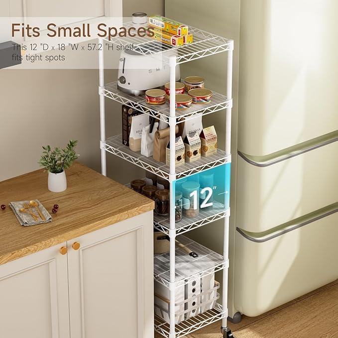 Small 6 Tier Shelf Storage Wire Shelving Unit Metal Shelves Adjustable Organizers Storage Shelving with Wheels for Bathroom Laundry Room Kitchen Pantry12”D x 18”W x 61.6”H White - ModernBath