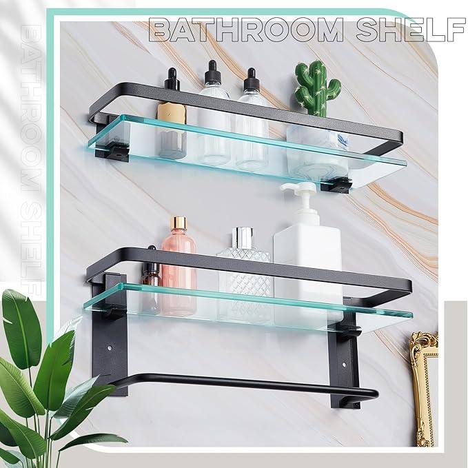 Suzile Set of 2 Glass Bathroom Shelves with Bar, Wall Mounted 15.7 x 4.7 Inches, Bathroom Shelves Hanging Modern Floating Shelf Metal Stick Room Rustproof Organizer Decorative(Black) - ModernBath