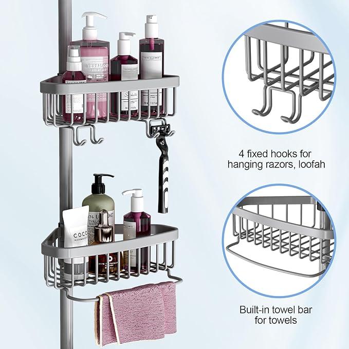 Corner Shower Caddy Tension Pole: Stainless Steel Rustproof 4-Tier Shower Organizer - 47-121 inch Adjustable Bathroom Shelves for Bathtub Shampoo Storage - Tension Rod Floor Standing Bath Rack - ModernBath