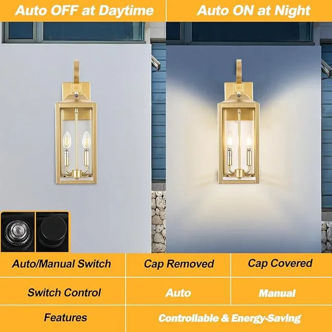 Gold Dusk to Dawn Outdoor Wall Lantern 2-Light, 19" Large Modern Wall Sconce Light Fixture, Industrial Porch Light, Waterproof Farmhouse Exterior Lamp Lighting - ModernBath