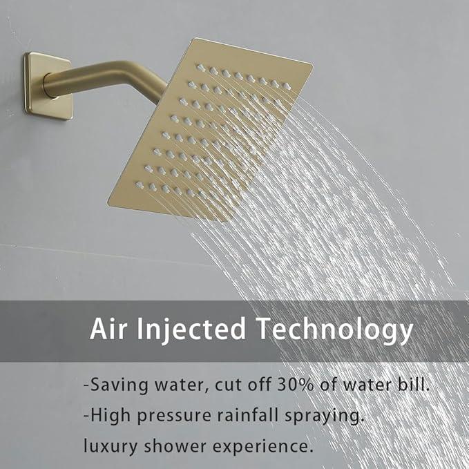JingGang Brushed Gold Shower System 6 Inch Bathroom Luxury Rain Mixer Shower Combo Set Wall Mounted Rainfall Shower Head and Handheld System Shower Faucet Set Rough-in Valve Body and Trim Kit - ModernBath