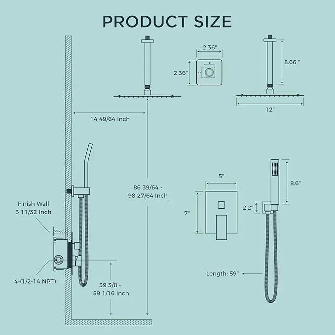 FORIOUS Shower Head System, 12 Inch Rain Shower Faucet Set with Handheld Spray Combo Rough-in Valve, Solid Brass Pressure Balanced Valve Trim Kit, Ceiling Mount, Brushed Gold - ModernBath
