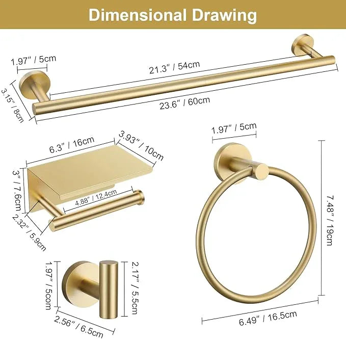 Brushed Gold Bathroom Hardware Set, 5 Pieces Gold Towel Bar Bathroom Accessories, Upgraded Toilet Paper Holder with Shelf Set, 23.6 Inch Towel Rack Towel Holder for Bathroom Wall - ModernBath