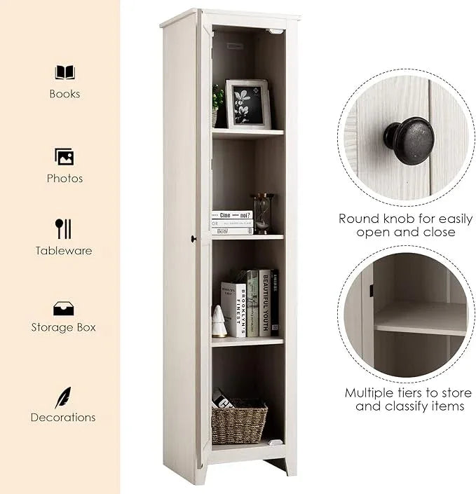 Giantex Tall Storage Cabinet Freestanding Floor Storage Tower with Four Shelves and Single Door, 17x16x72 Inch, Narrow Utility Cabinet for Living Room, Bathroom (Grayish White) - ModernBath