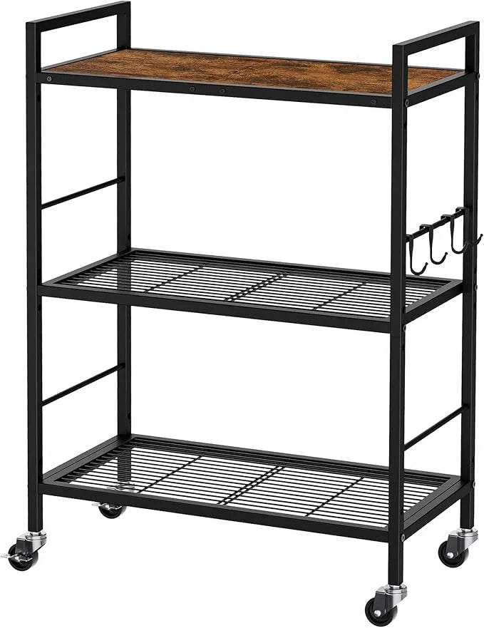 3-Tier Metal Storage Rack with Industrial Wheels,Mesh Shelving Unit with Wooden Table top,Adjustable Shelf,23.6-Inch Width,for Kitchen,Laundry,Pantry,Plant,Black - ModernBath
