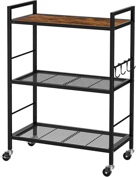 3-Tier Metal Storage Rack with Industrial Wheels,Mesh Shelving Unit with Wooden Table top,Adjustable Shelf,23.6-Inch Width,for Kitchen,Laundry,Pantry,Plant,Black - ModernBath