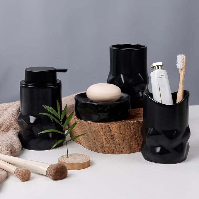 BosilunLife Modern Ceramic Bathroom Accessories Set, Bathroom Counter Set Matte Black Bathroom Decor Sets Accessories Bathroom Foam Soap Dispenser, Toothbrush Holder Set, Soap Dish, Apothecary Jars - ModernBath