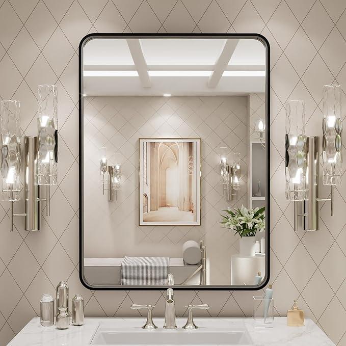 LOAAO 24X32 Inch Black Metal Framed Bathroom Mirror for Wall, Matte Black Bathroom Vanity Mirror Farmhouse, Large Rounded Rectangle Mirror, Anti-Rust, Hangs Horizontally or Vertically - ModernBath