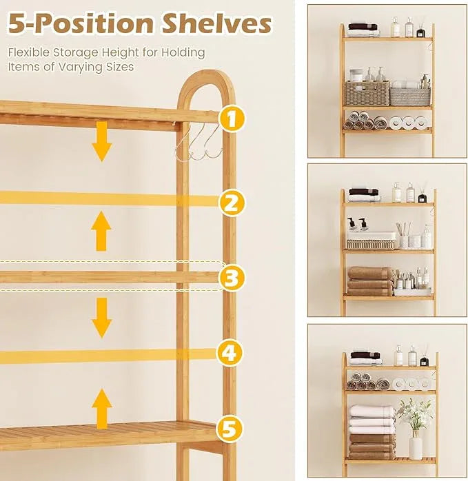 Tangkula Bamboo Over The Toilet Storage, 3-Tier Over Toilet Organizer Rack with 5-Position Adjustable Shelves, 3 Hooks, Adjustable Bottom Bar, Laundry Room Shelf, 28.5" Wide Bathroom Space Saver - ModernBath