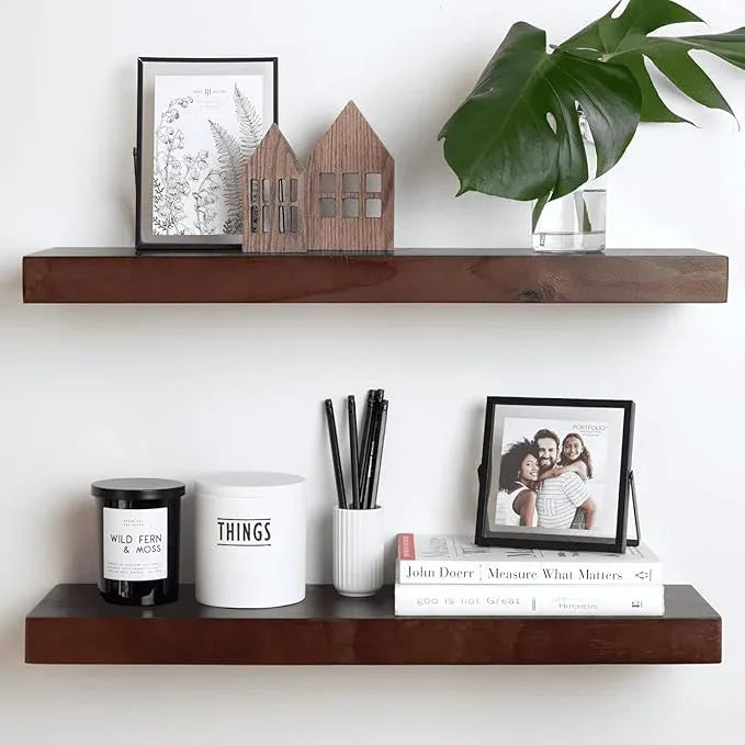 Homeforia 24inch Walnut Floating Shelves for Wall, High End Solid Real Wood 24in Floating Shelf for Bathroom, Dark Brown 24 inch Long Floating Shelves, Heavy Duty Bracket, 24 X 6.5 X 1.75 in, Set of 4 - ModernBath