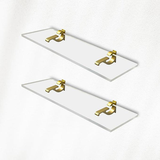 Clear Acrylic Shelves 14.5 inches, 3/4" Thick Transparent Wall Mounted Floating Shelves for Bedroom, Living Room, Bathroom, Kitchen -‎ with Screws and Brass Finish Brackets, Pack of 2 - ModernBath