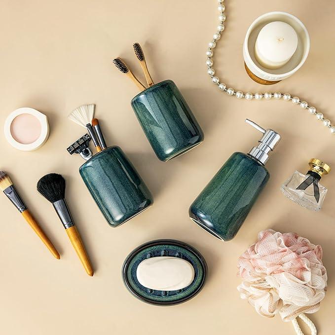 vancasso Green Bathroom Accessories Set, Ceramic Soap Dispenser and Toothbrush Holder Sets, Stoneware 4 Pcs Bathroom Sink Set for Modern Home Decor, Series Starry - ModernBath