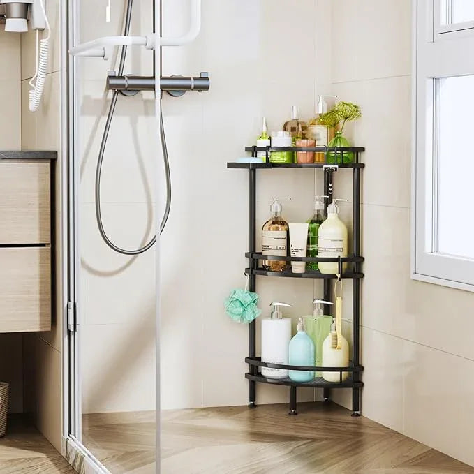 HapiRm Standing Corner Shower Caddy - 3 Tier Shower Organizer Corner with Soap Holder and 4 Hooks, Rustproof Bathroom Storage Shelves with Adhesives, Black - ModernBath