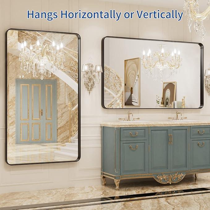 WEER 50X30 Inch Black Metal Framed Bathroom Mirror, Black Bathroom Vanity Mirror Farmhouse, Rounded Rectangular Matte Black Wall Mirrors, Tempered Glass, Anti-Rust (Horizontal/Vertical) - ModernBath