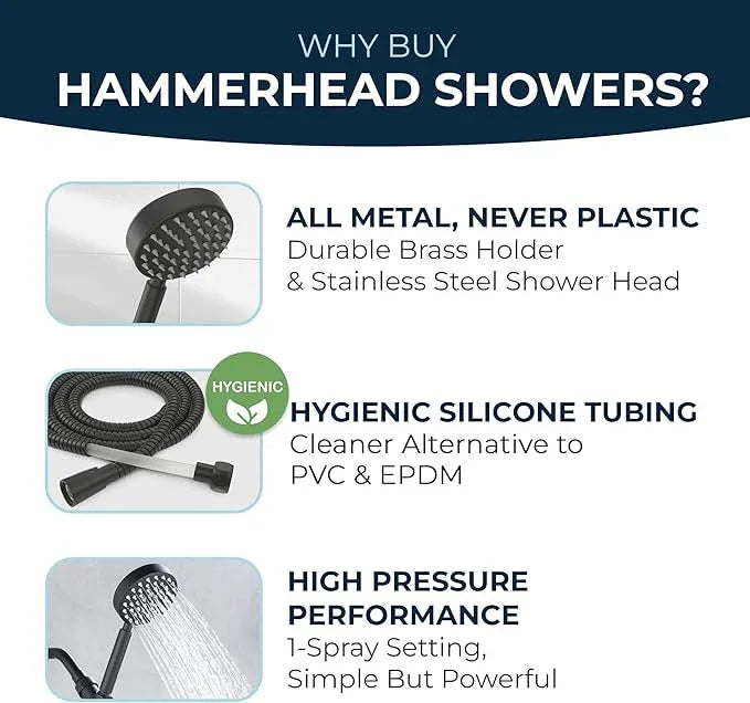 HammerHead Showers® Solid Metal Handheld Shower Head with Hose and Brass Holder - MATTE BLACK - 2.5 GPM High Pressure Shower Heads with Adjustable Shower Wand Bracket - 6ft Flexible Extension - ModernBath