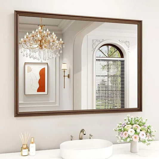 WEER Retro Copper Bathroom Mirror, 48x36 Inch Bronze Oil Rubbed Framed Mirror, Rectangle Classic Vintage Framed Wall Mirror, Farmhouse Vanity Mirror, Tempered Glass, Vertically or Horizontally - ModernBath